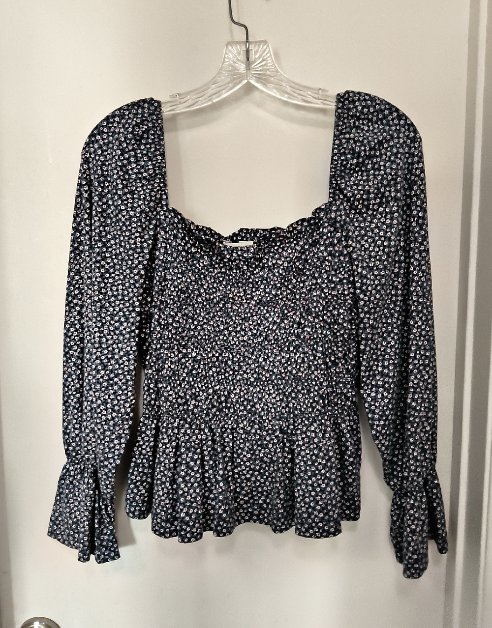 H&M Navy and White Floral Smocked Peplum Long Sleeve Top